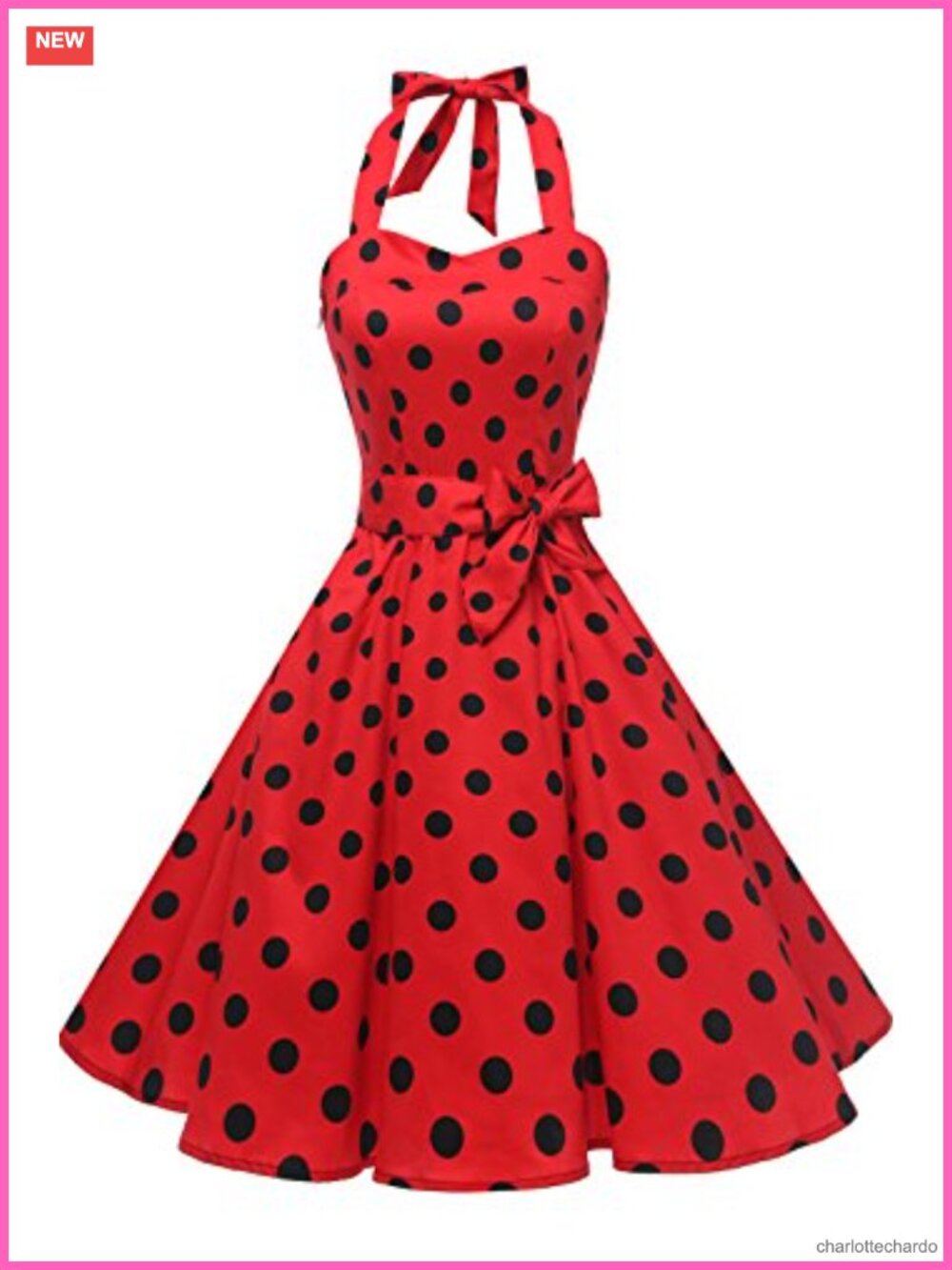 Vintage 1950s Halter Polka Dot Swing Dress with Corset Back